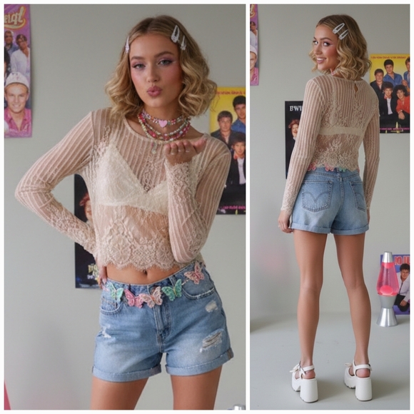 Revamped Tops - NWOT Revamped M Y2K Whimsigoth Romantic Coquette Girl Lace Mesh Crop Top